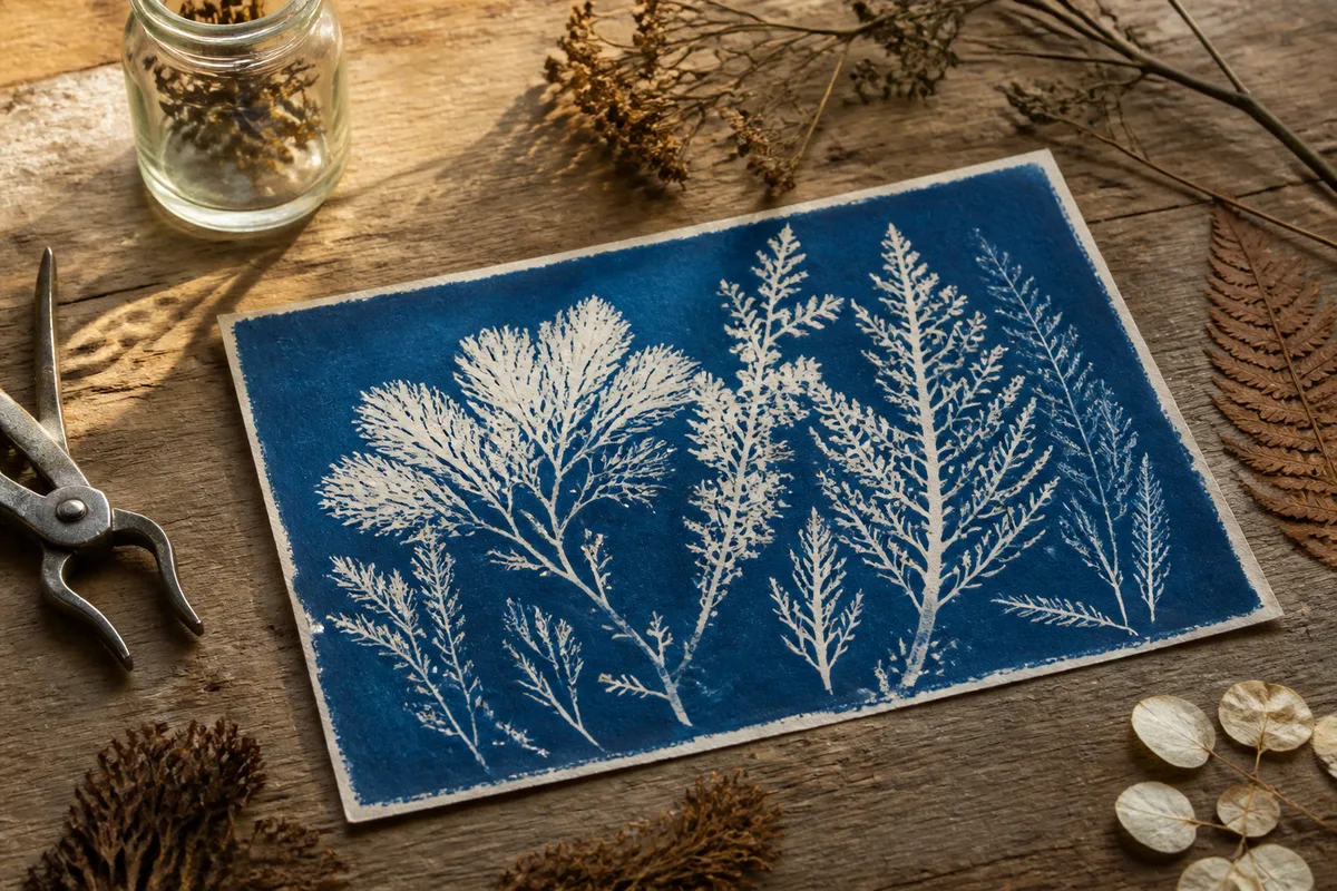Cyanotype botanique bleu profond posé sur une table d&rsquo;atelier ancienne