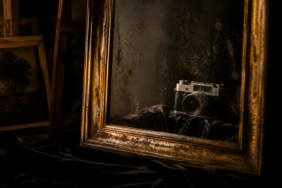 Miroir ancien reflétant un appareil argentique posé sur un tissu sombre