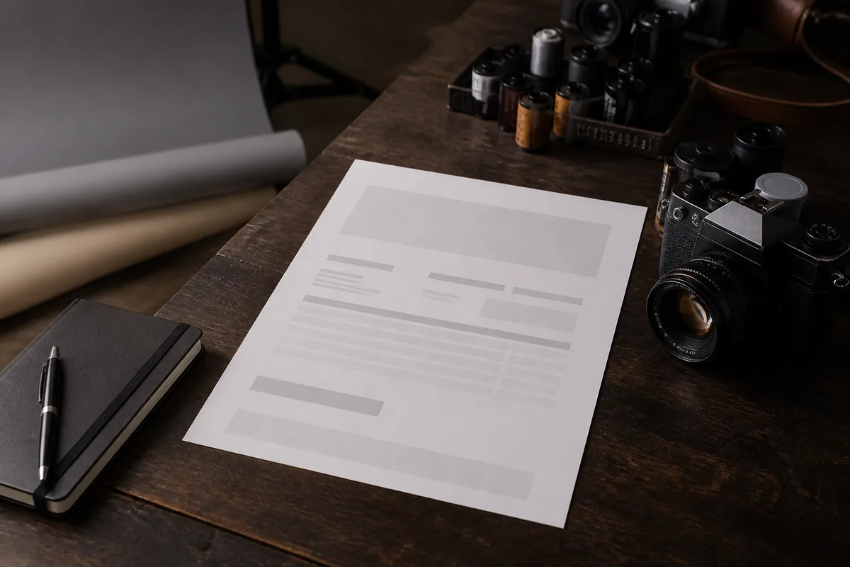 Devis photographique posé sur un bureau à côté d&rsquo;un appareil et d&rsquo;un carnet