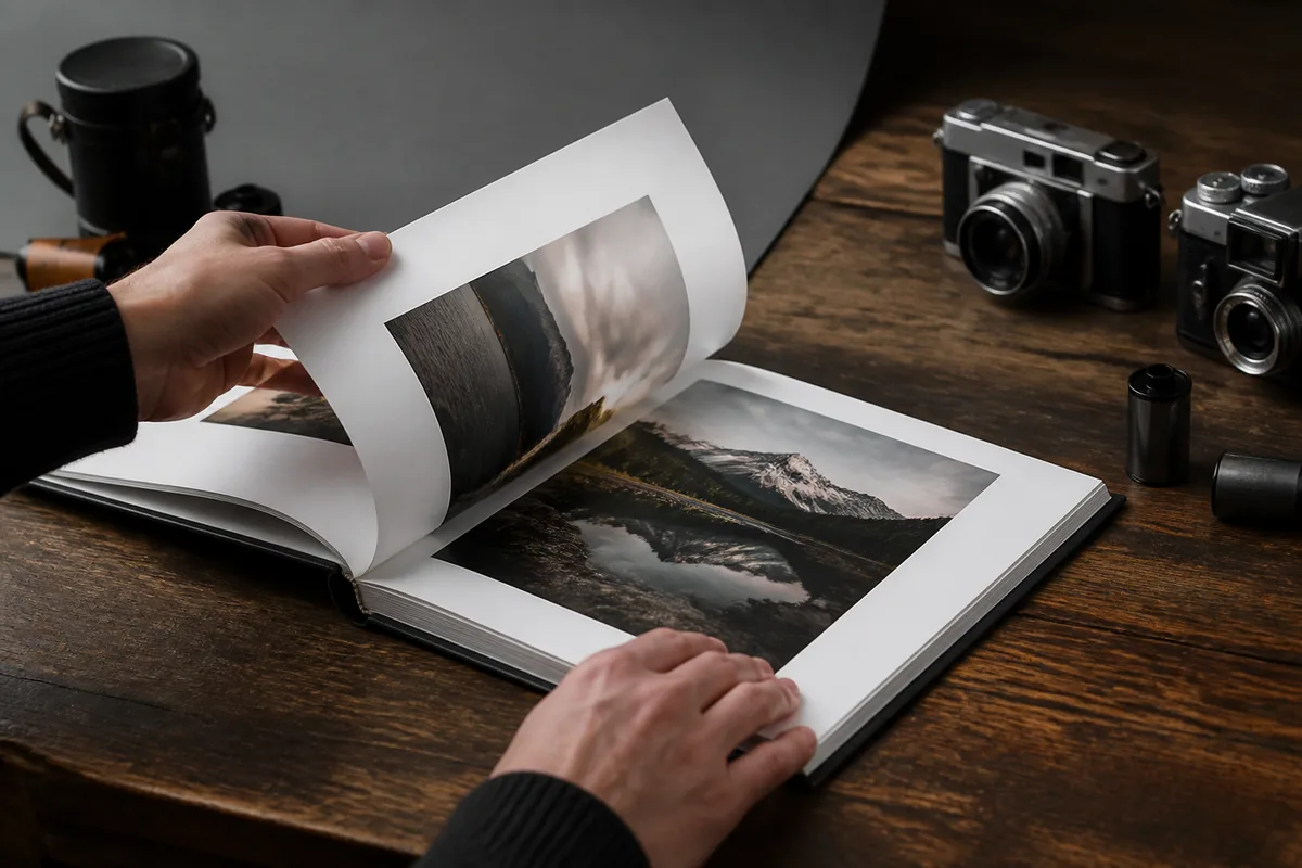 Deux mains feuilletant un album photo relié posé sur une table en bois