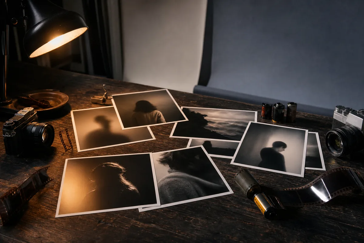 Série de portraits imprimés étalés sur une table, éclairés par une lampe d&rsquo;atelier