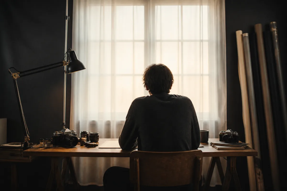 Personne assise de dos devant une fenêtre, silhouette en contre-jour doux