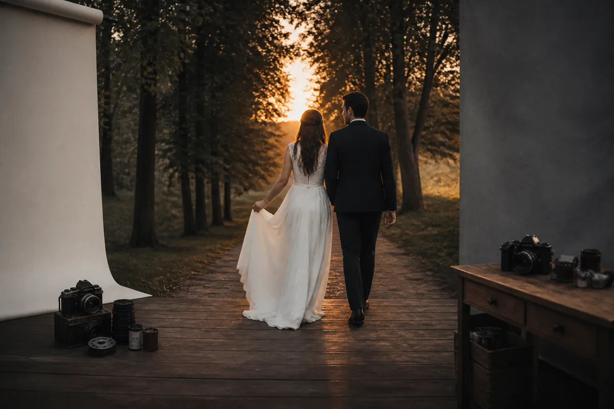 Couple marchant de dos sur un chemin bordé d&rsquo;arbres au soleil couchant