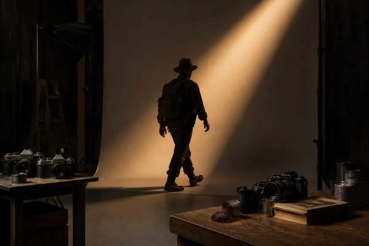 Silhouette d&rsquo;un explorateur costumé traversant un faisceau de lumière chaude