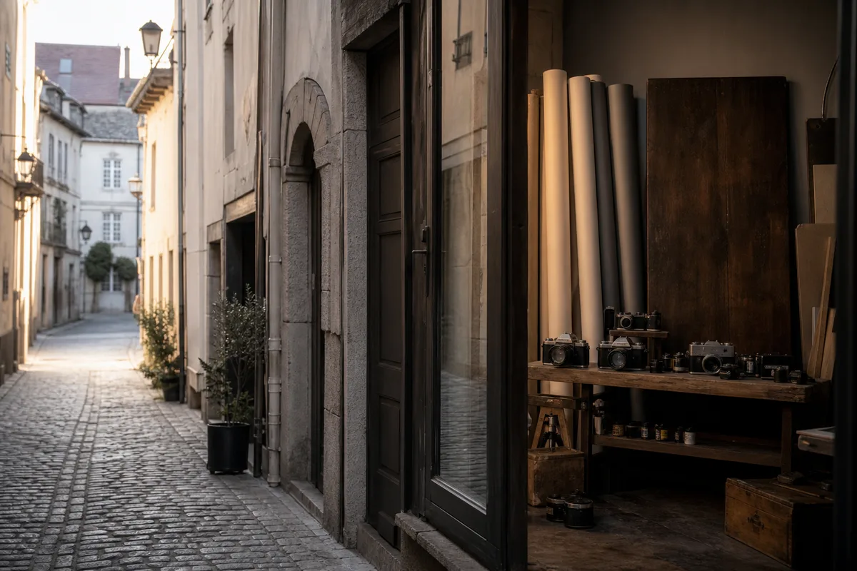 Vue d&rsquo;un centre ancien du Forez au petit matin, ruelle pavée et façades claires