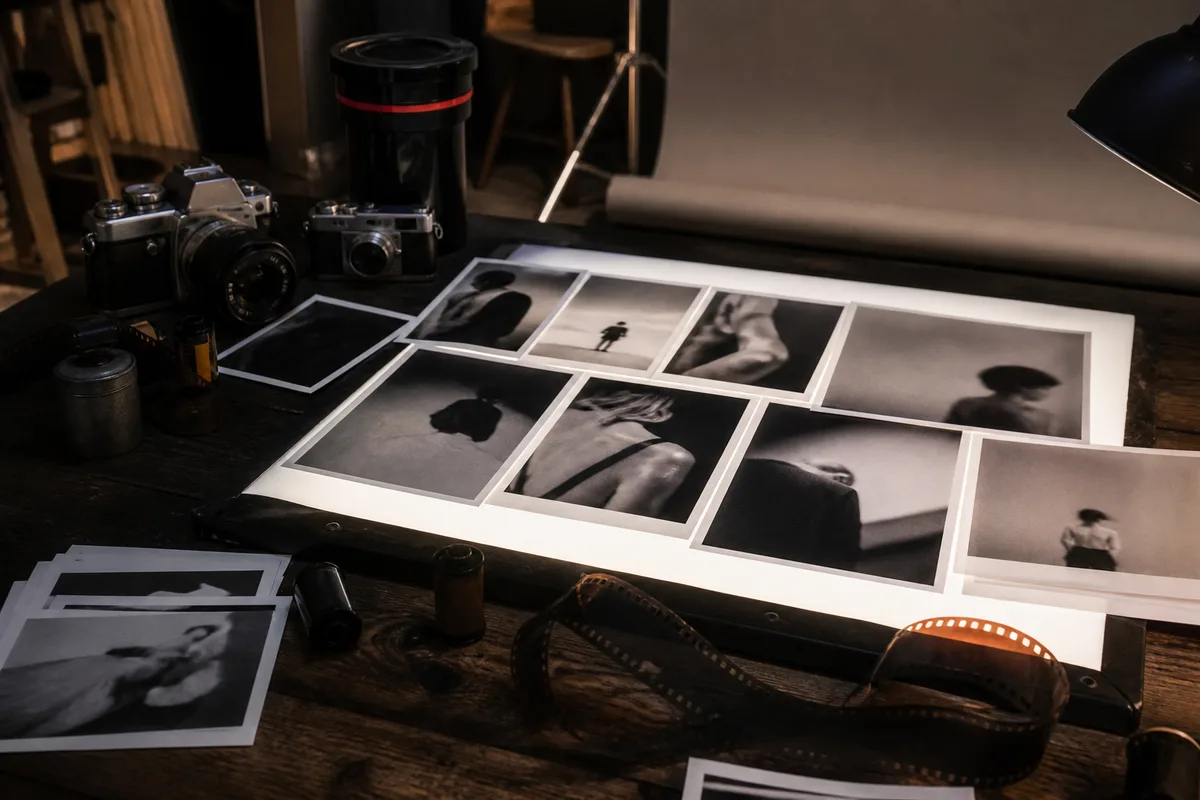 Planche de portraits en noir et blanc étalés sur une table lumineuse